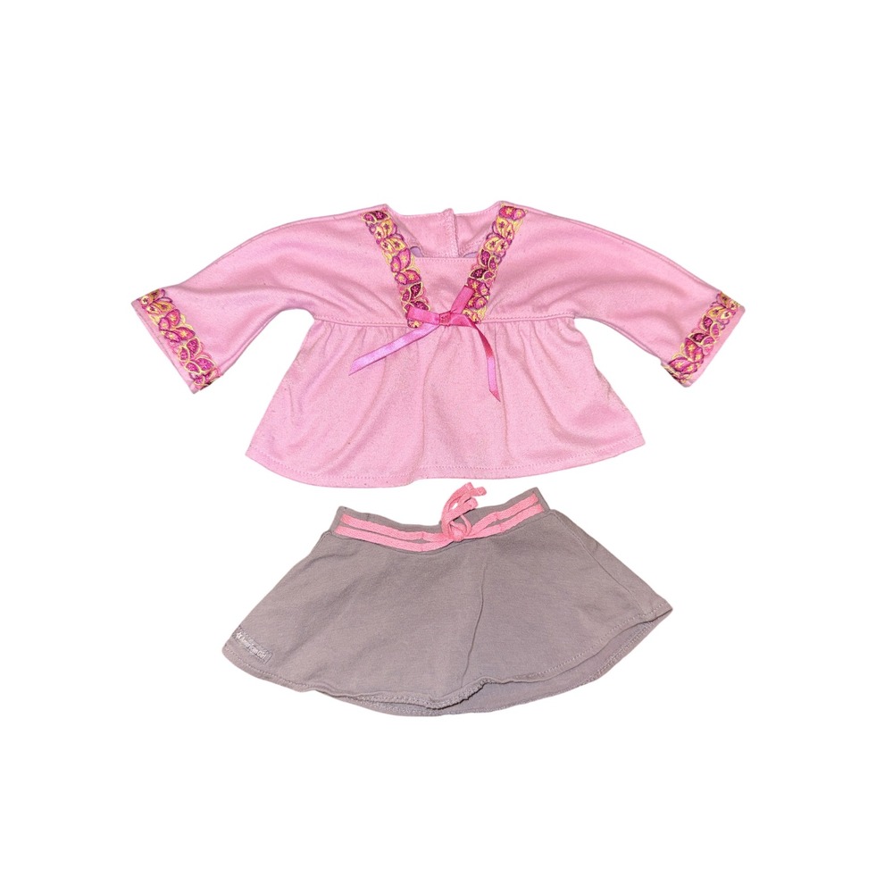 American Girl Doll Outfit 18 Inch Pink Grey Good Embroidered Top Skirt Set